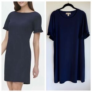 MICHAEL Michael Kors Navy T-Shirt Knee Length Dress Chiffon Sleeve Pleat Detail